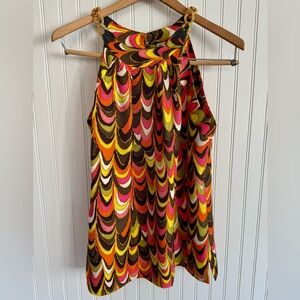 Milly of New York 100% Silk Top size 4 with Gold Chain Strap and vibrant pattern